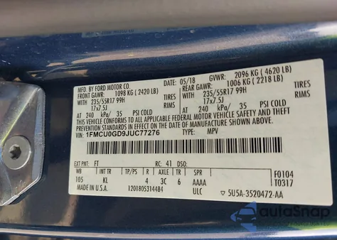 2018 Ford Escape Se z USA, uszkodzony, nr VIN 1FMCU0GD9JUC77276